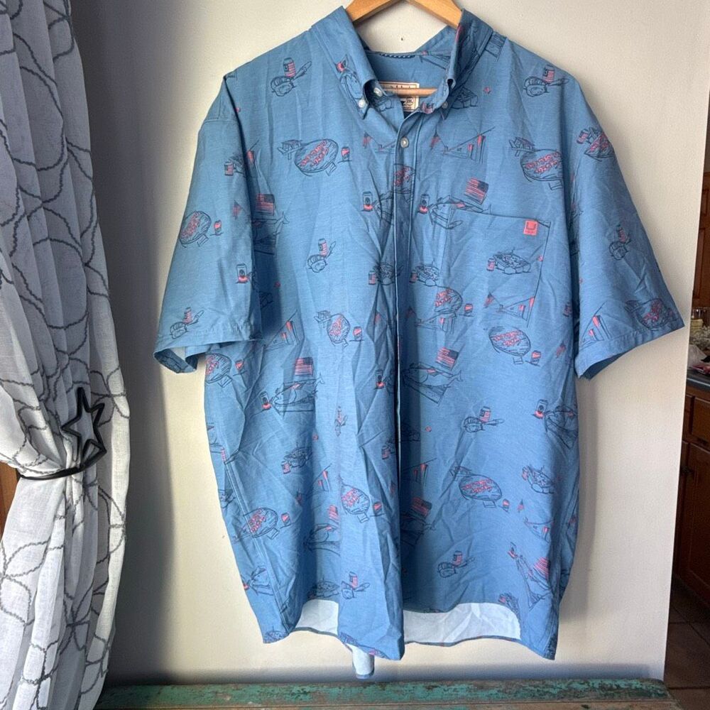 HUK fishing shirt‎ Americookin men’s size XXL Kona blue button up short sleeve